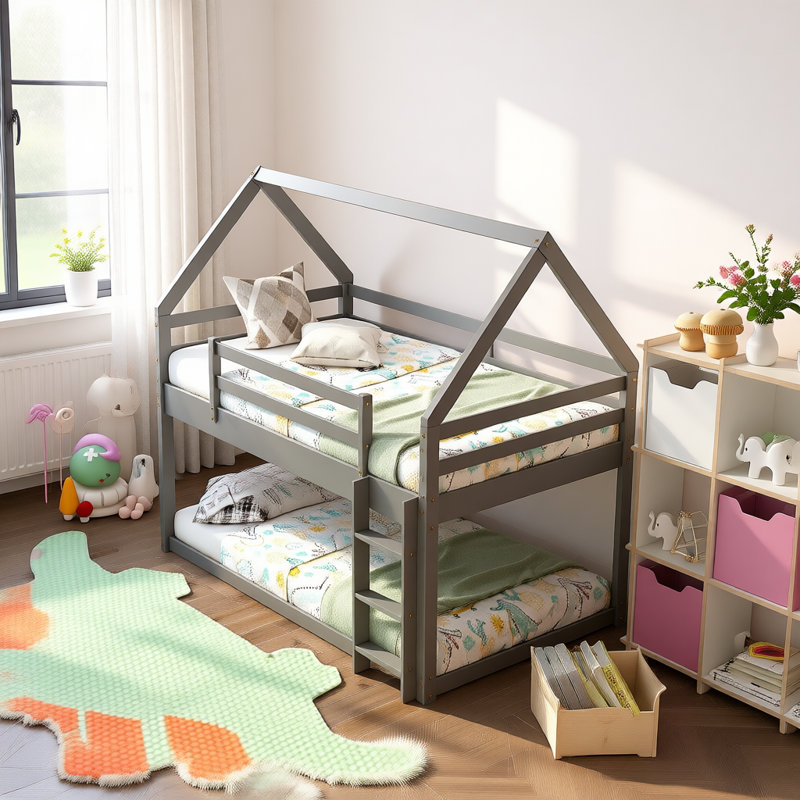 Lit superposé simple au-dessus de simple avec échelle, structure en pin massif, conception de maison de jeu pour enfants, mobilier de chambre peu encombrant