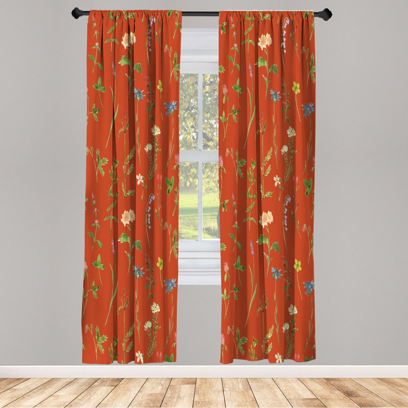 Microfiber Floral Semi-Sheer Rod Pocket Curtain Panels, 28" W x 63" L, Orange/Green