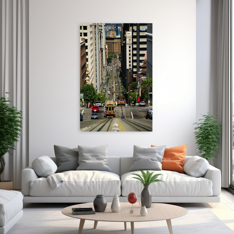 Cable Car Driving On Steep Street In San Francisco, California, Usa Contemporary Architecture Wall Art, H 60 po x l 40 po
