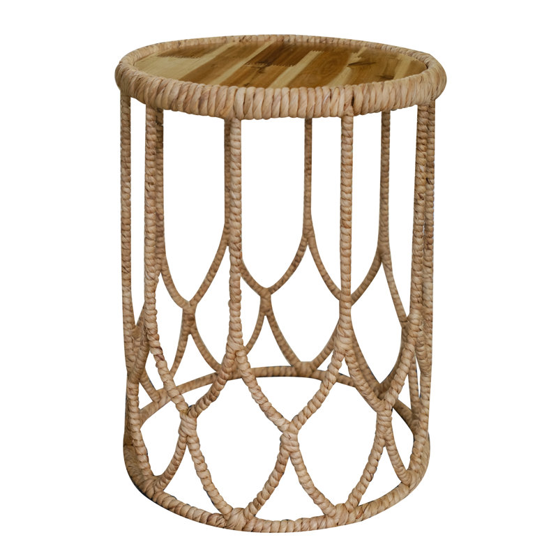 Handwoven Round Side Table With Wood Top – Natural Rattan Accent Table