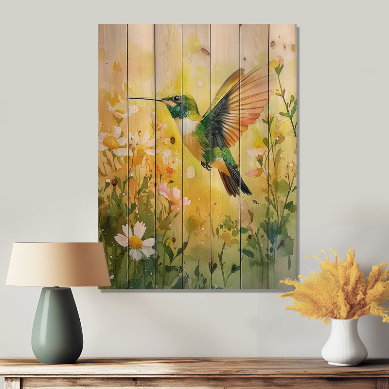 Colibri dans le soleil I - Art mural en bois oiseau - sur bois de pin naturel, H 44 po x l 34 po x P 0,78 po