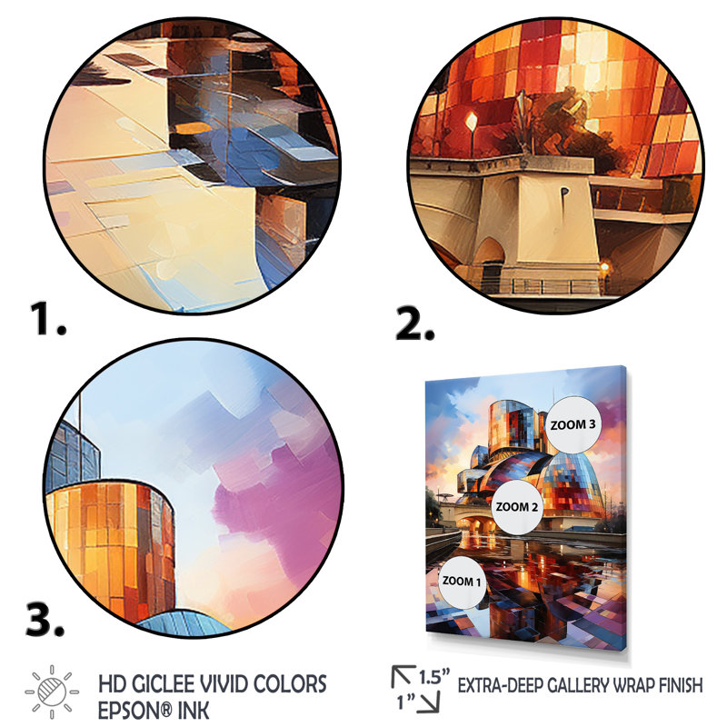 Espagne, musée Guggenheim à Bilbaoin V - décoration murale paysages urbains, H 20 po x l 12 po x P 1 po, Encadrement doré