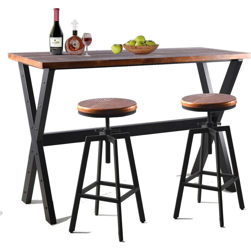 3-Piece Table & Chairs Set,  Bar Dining Cafe Pub Party, Industrial Black Metal & Rustic Brown Wood, X-Leg Rectangular Table, 2 Swivel Adjustable Barstools