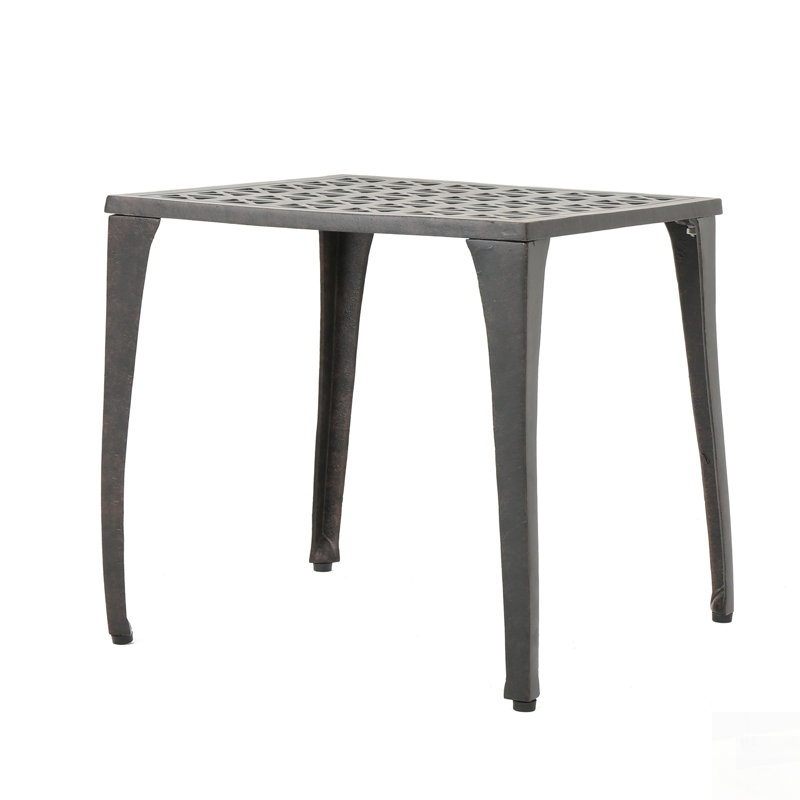 Table d'appoint d'extérieur en fonte d'aluminium avec plateau grillagé complexe et pieds courbés pour le patio ou la piscine