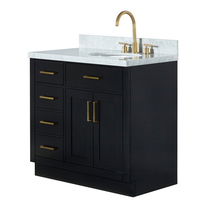 ARIEL HEPBURN 37 IN RIGHT OFFSET RECTANGULAR SINK VANITY 1,5 IN, Right, Oval, Black/Brass
