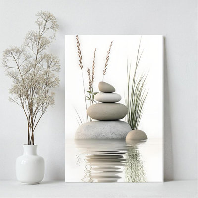 Framed Canvas Wall Art - Zen Stone Piles and Reeds by the Water, Minimalist Nature - 24" x 36" for Bathroom and Living Room