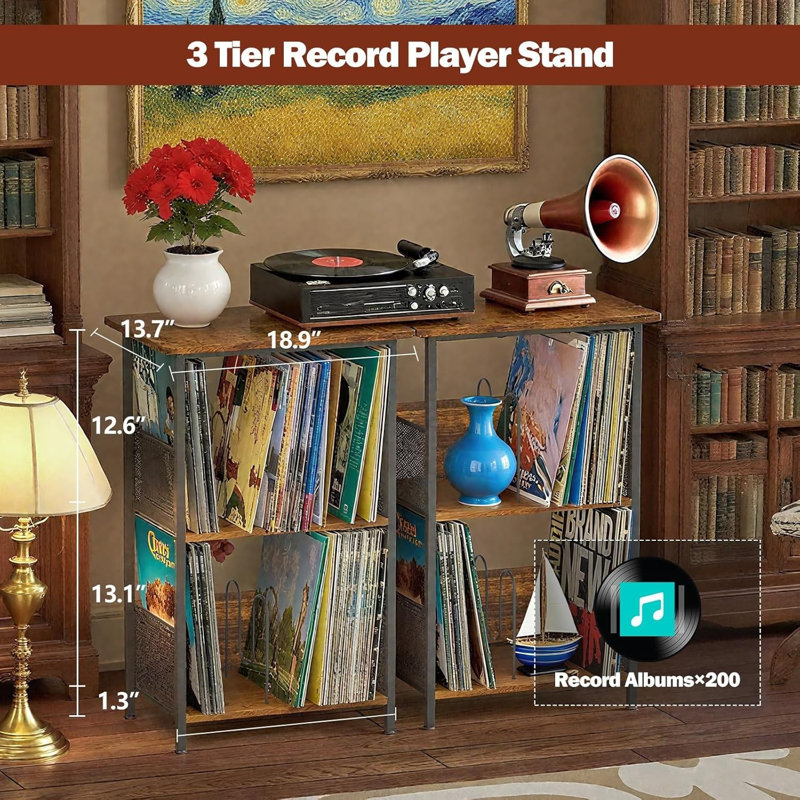 Record Player Stand With Vinyl Storage, 3-Tier Turntable Stand With 2 Dividers & Adjustable Feet, Holds Up To 200 Albums, Mid-Century Modern Design For Living Room