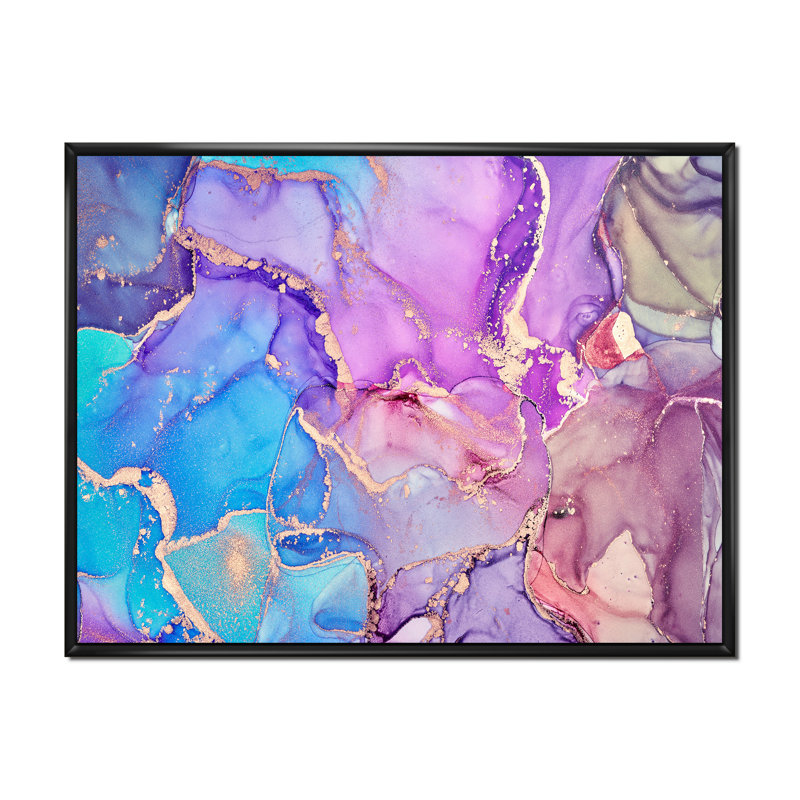 «Mauve et bleu», art liquide VI, reproduction sur toile, H 12 po x l 20 po, Cadre flottant noir