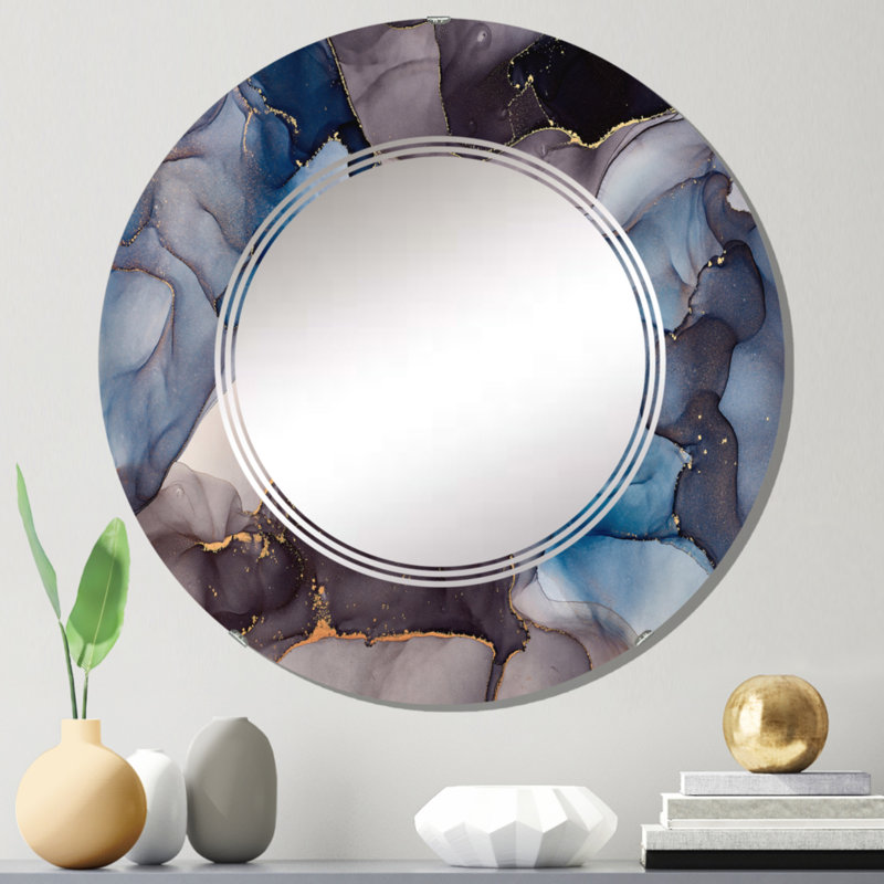 Gris et bleu, art abstrait fluide de luxe - miroir mural moderne, 24 po x 24 po