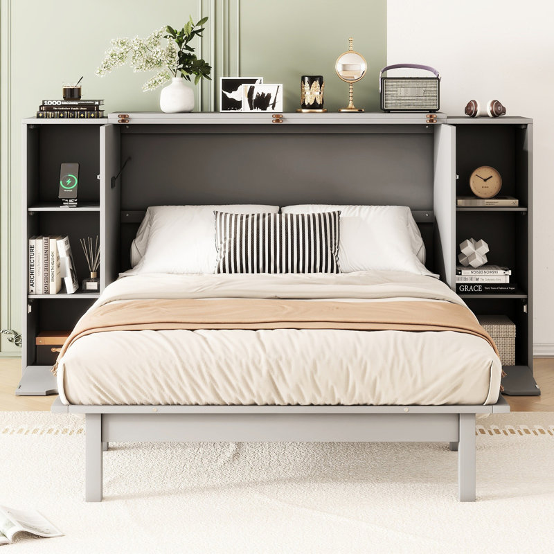 Lit double avec rangement à tiroirs, gris - Économie d'espace pratique pour l'espace de bureau à domicile, petites pièces idéales pour plusieurs pièces