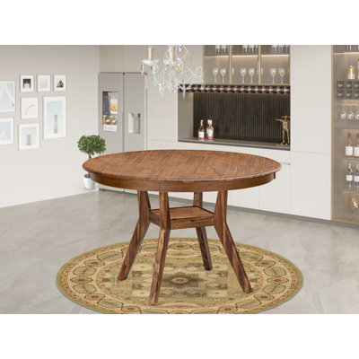 Table de salle à manger avec plateau rond en bois d'acacia et base piédestal élégante - Finition noyer antique