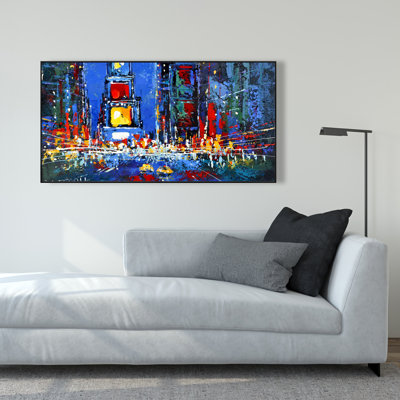 Times Square Illuminated - Car Blue Framed Canvas Art
