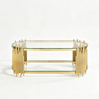 47" Modern Oval Glass Coffee Table, 2-Tier Tempered Glass Top with Stainless Steel Frame, Cocktail Table for Living Room