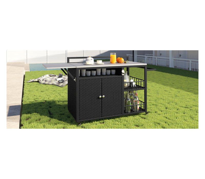 Îlot de cuisine extérieur de 63,5 po avec plateau de table pliable - Chariot de barbecue résistant aux intempéries pour terrasse, station de barbecue dans la cour arrière avec rangement spacieux, brun foncé