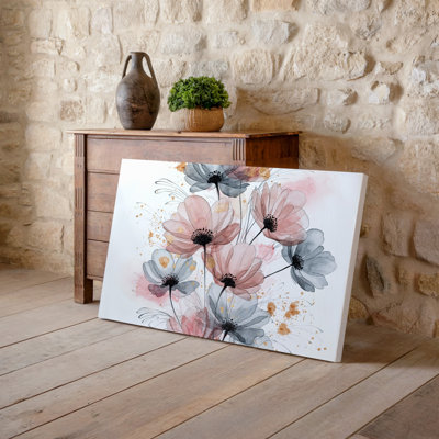 "Toile", une délicate composition d'aquarelle avec des fleurs translucides douces dans des tons d'art rosé et gris pâle