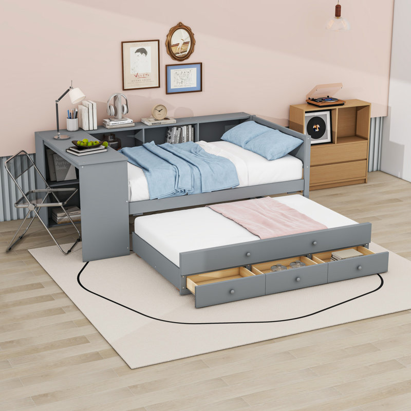 Lit de jour en bois avec tablettes et bureau et 2 tiroirs, Gris, Lit simple