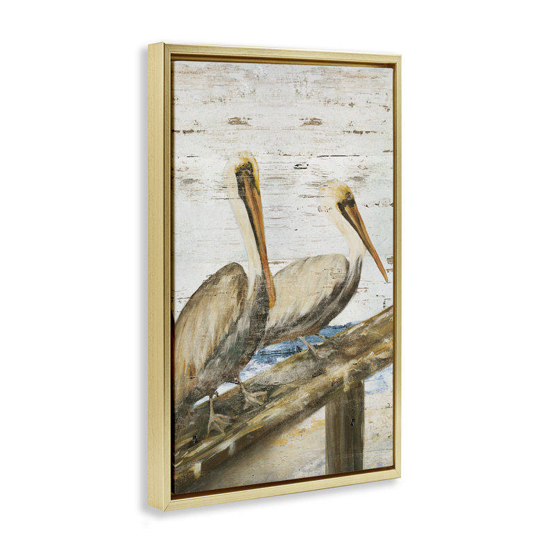«Rustic Pelicans Perché» par Julie DeRice, H 25 po x l 17 po, Cadre flottant métallique doré
