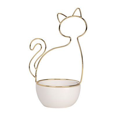Plateau à bijoux moderne en grès et céramique avec détails en fil métallique - Porte-bijoux blanc de 10 po pour la maison, le bureau, la chambre à coucher et le salon.