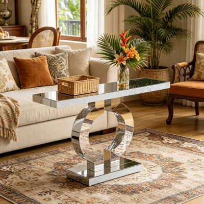 Console à miroir moderne avec base en forme de O, table de canapé en verre avec finition miroir, table d'appoint rectangulaire pour le vestibule, le vestibule ou le vestibule du salon