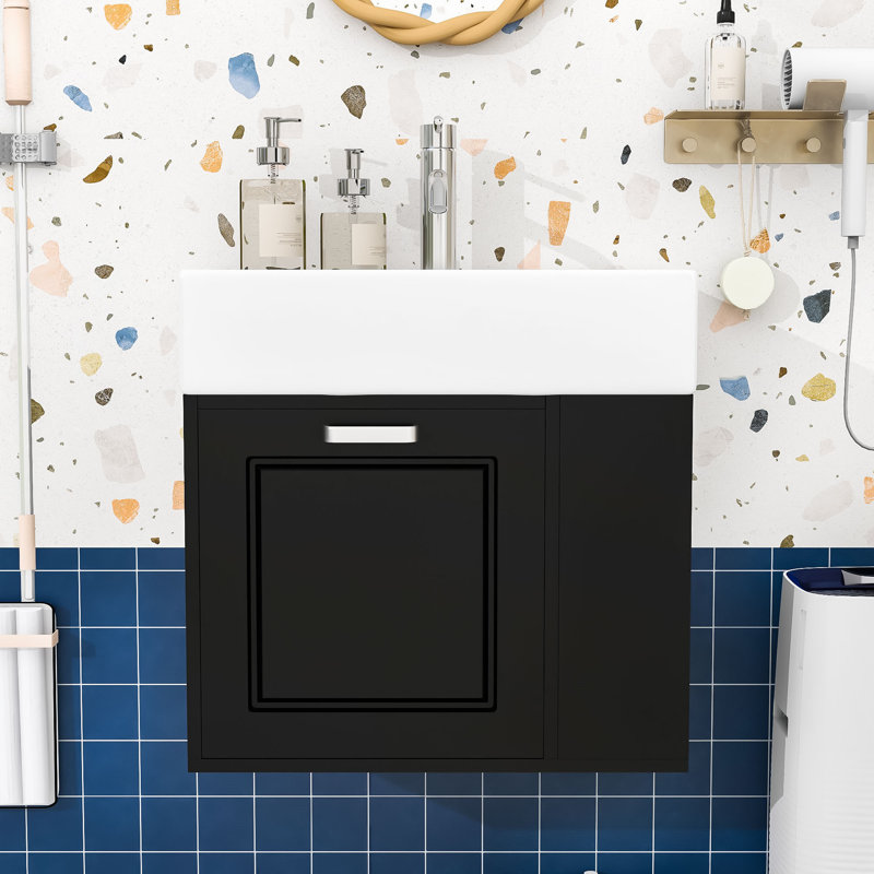 Meuble-lavabo mural flottant avec lavabo, tablettes réglables, Noir