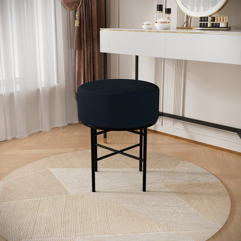 Tabouret de coiffeuse rond rembourré avec revêtement en lin et pieds en métal pour un usage multiple, Siège noir / cadre noir