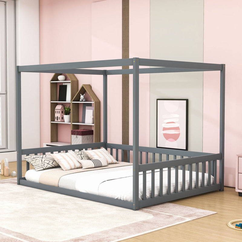 Canopy Floor Bed With Guardrails For Dreamy, Gray, Full
