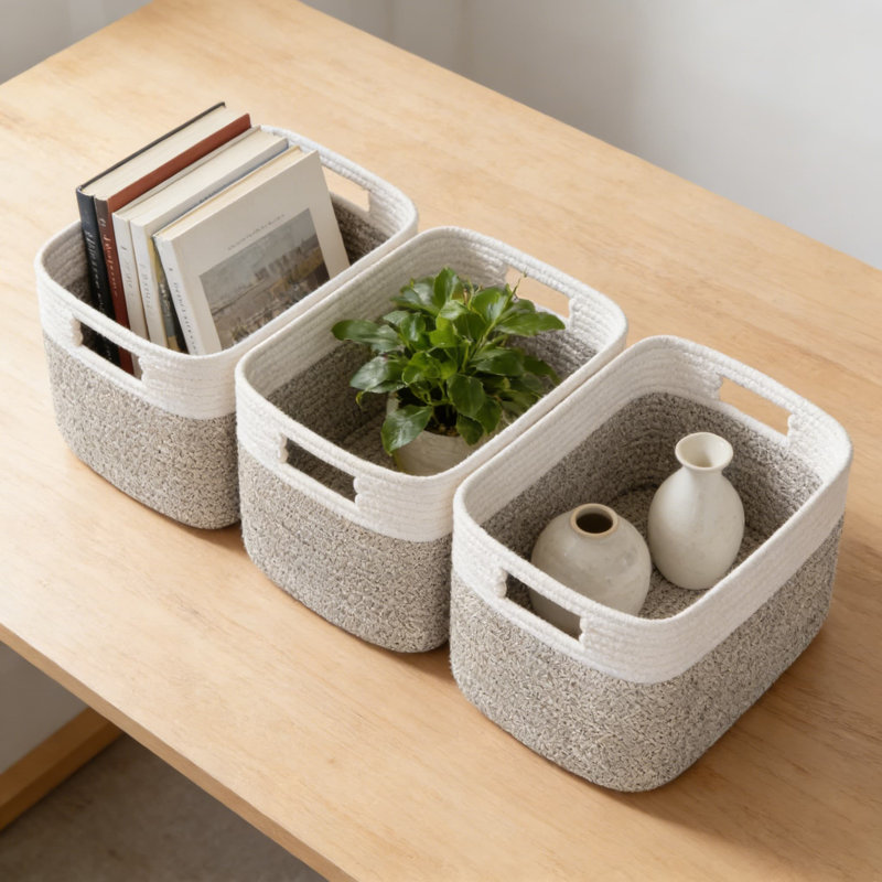Woven Storage Baskets With Handles, 4-Pack Cotton Rope Organizer Bins For Toys, Towels, And Home Organization, Durable And Foldable Rectangular Design
