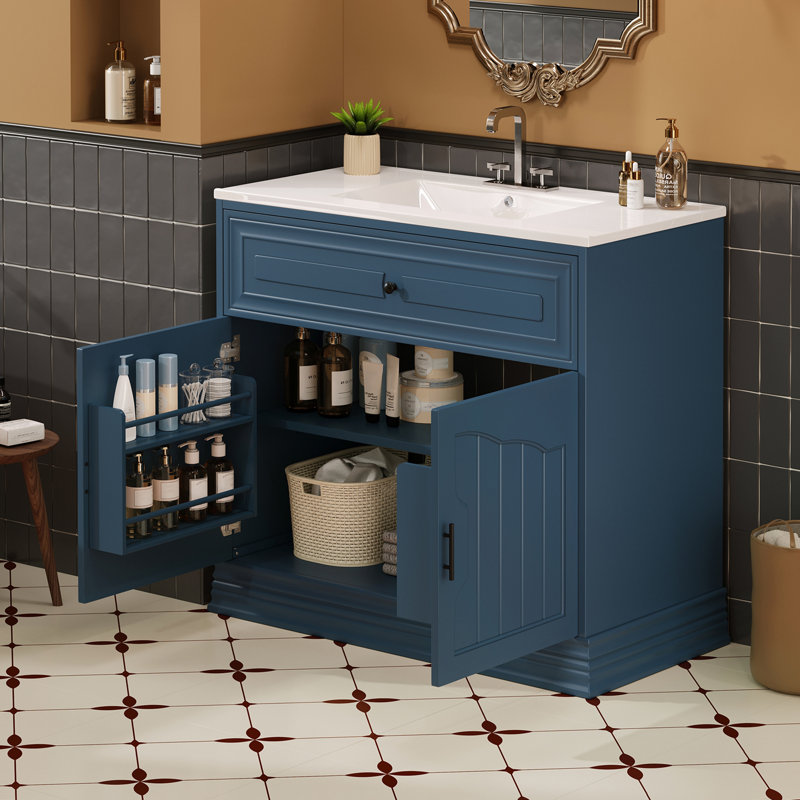Meuble-lavabo de 36 po avec lavabo en céramique et 2 portes avec tablette, Bleu marine / Noir