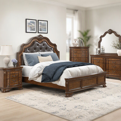 Formal Elegant Design California King Bed Upholstered Headboard Dark Brown Finish Wooden Traditional Bedroom Furniture 1pc Intricate Carvings