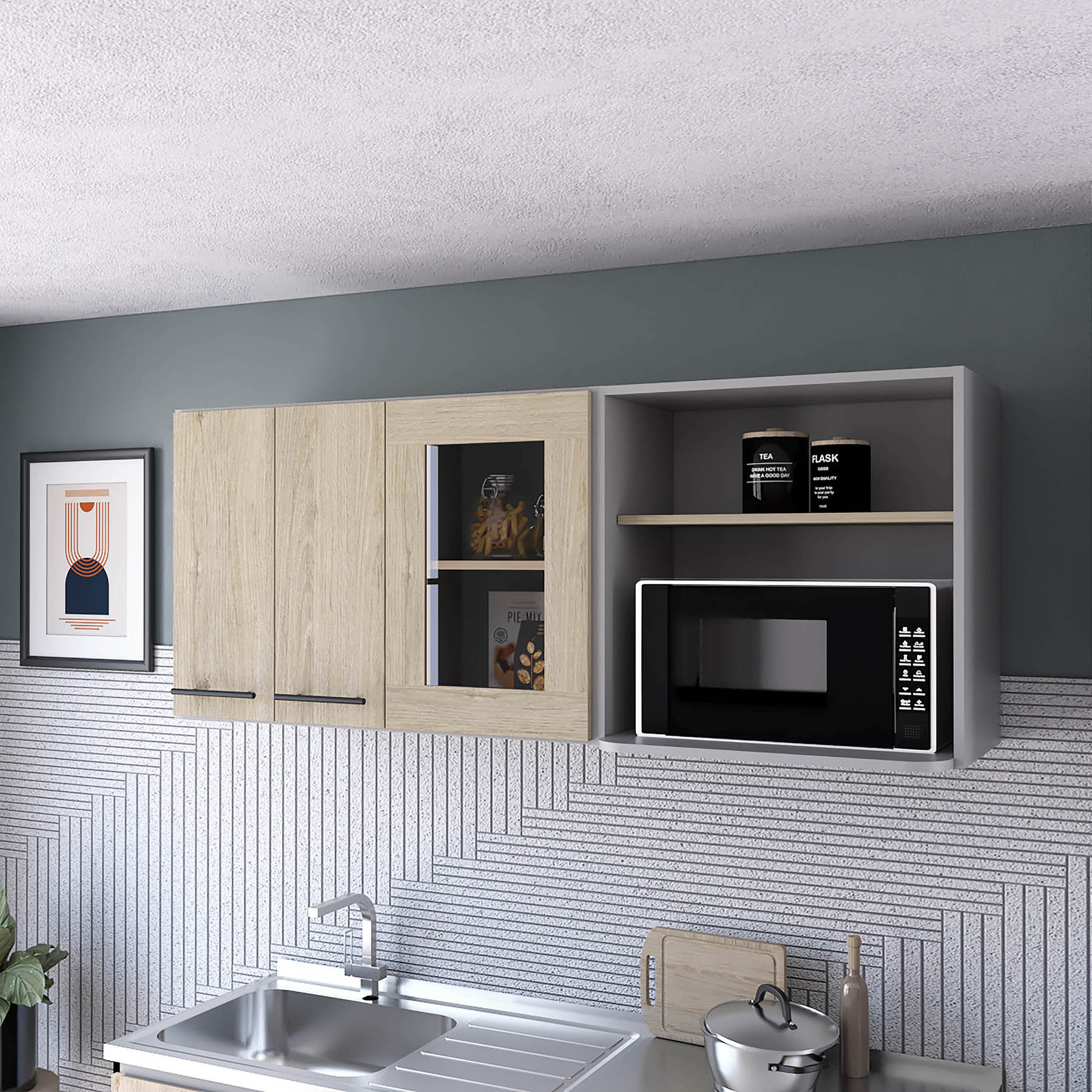 141.7'' W White/Brown Kitchen Cabinet Set