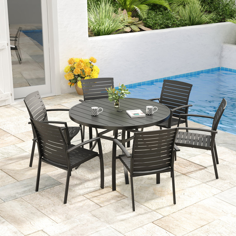 Ensemble repas de patio avec chaises à structure en aluminium, H 28 po x l 48 po x P 48 po, 7 pièces : table, 6 chaises