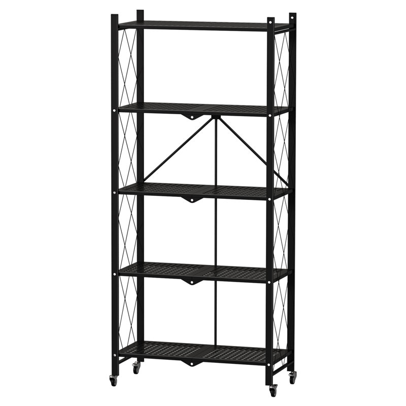 Expandable Folding Bookshelf with Wheels, Collapsible Adjustable Storage Rack Metal Shelves