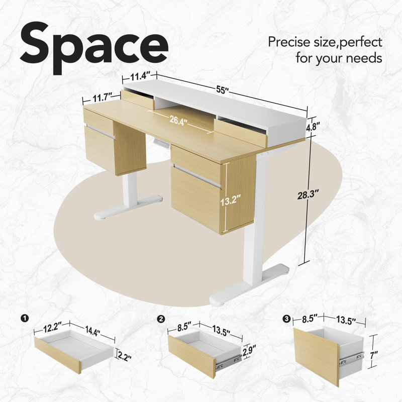 55” Height-Adjustable Standing Desk With 6 Drawers And Integrated Monitor Shelf, Beige/White