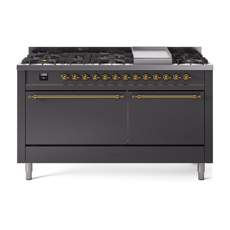 Cuisinière à double combustible de 60 po avec 9 brûleurs scellés et plaque chauffante (porte pleine) Nostalgie II de la série ILVE