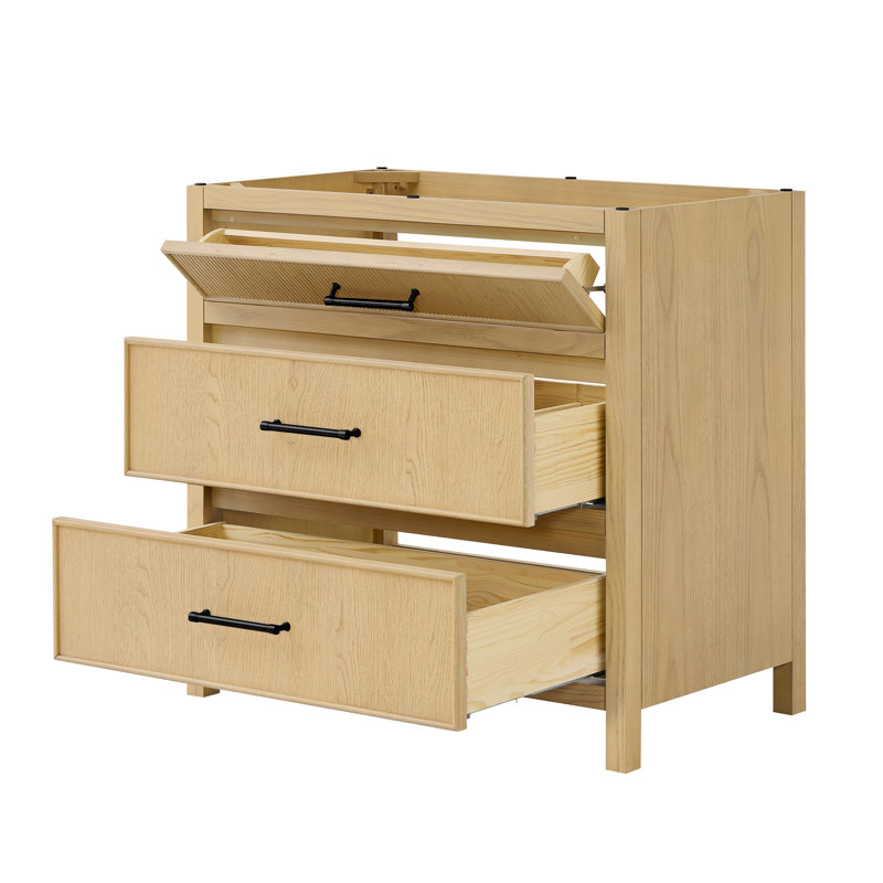 Meuble-lavabo simple 36 po Isola en chêne scandinave, sans comptoir, sans lavabo, garniture noir mat