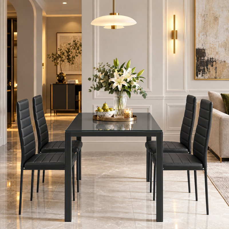 Ensemble de table de salle à manger 5 pièces pour 4 personnes, table de cuisine en verre trempé avec 4 chaises rembourrées en polyuréthane, ensemble de salle à manger à structure en acier peu encombrante pour la maison, la cuisine, la salle à manger et le petit espace (noir)