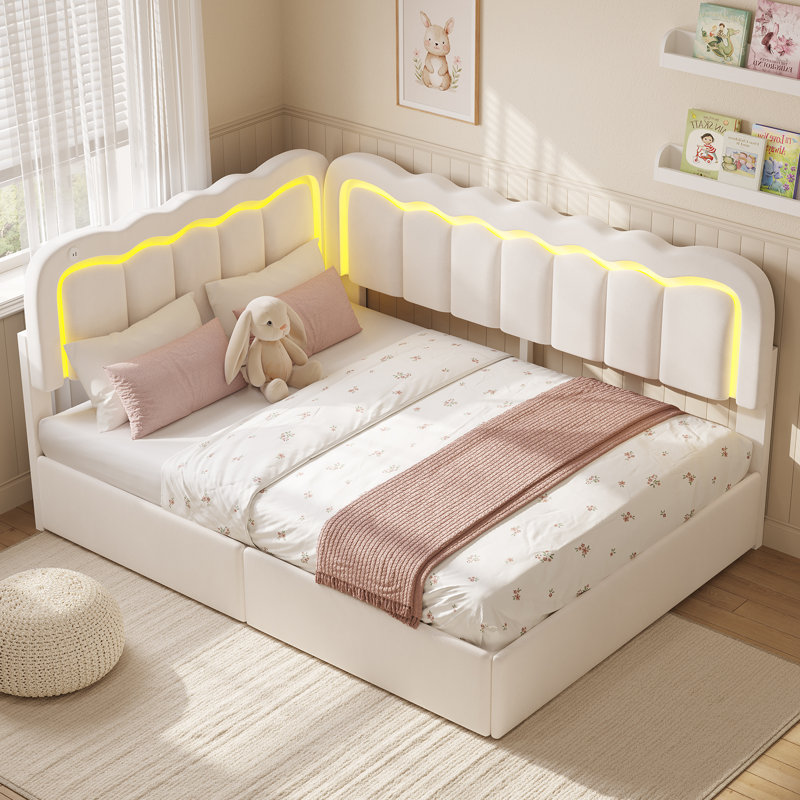 Lit de jour double avec barrière de sécurité et tête de lit en velours, cadre de lit d'angle en métal avec 2 tiroirs de rangement et ports USB, cadre de lit double pour filles, tête de lit réglable en hauteur, blanc