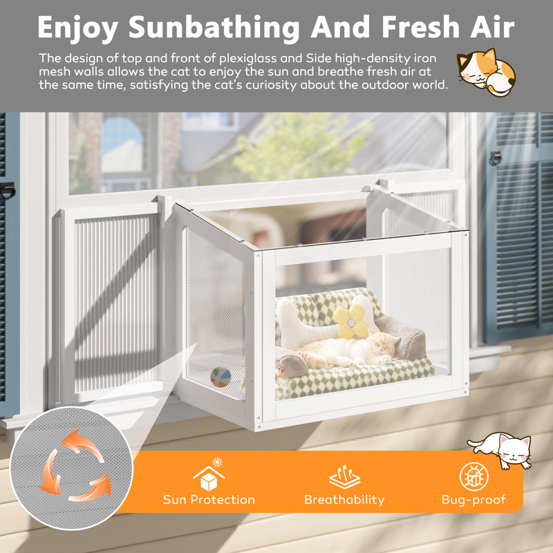 Expandable Window Enclosure For Indoor Cats, Cat Window Box, Window Catio Universal Cat Window Perch with Waterproof Transparent Top Fits Vertical Windows 26" to 42" Wide, for Sunbathing, Napping & Nature Viewing