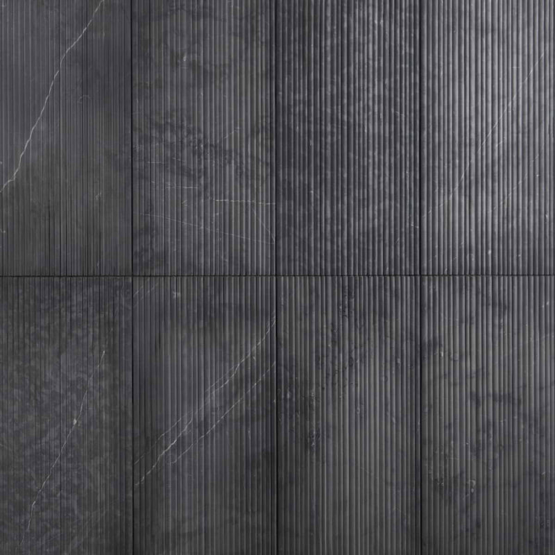 Waves Golden Valley 12X24 Fluted 3D Honed Marble Tile, Nero Marquina Black