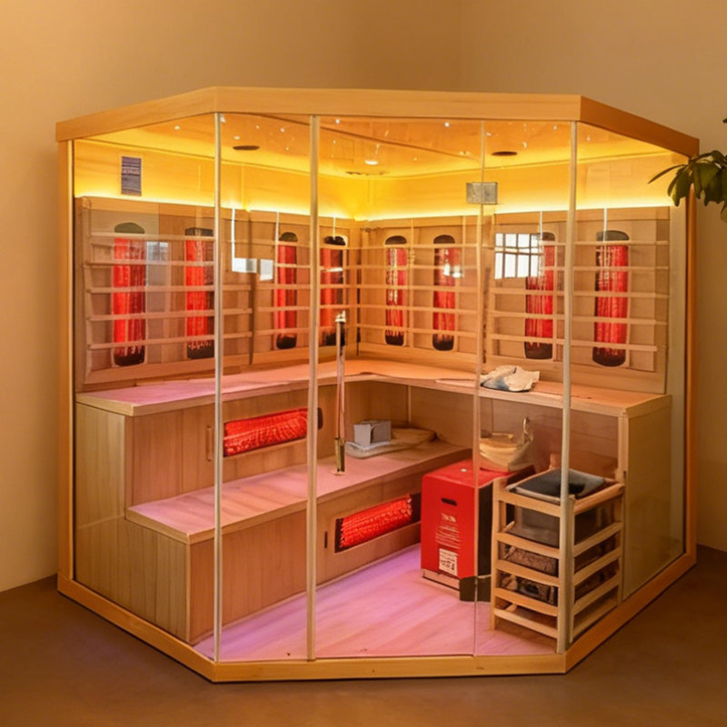 Smartmak® 5-6 Person Hybrid Corner Home Wood Sauna, WiFi Indoor Full Spectrum & Traditional Canadian Hemlock Steam Saunas Spa with Red Light Therapy, 11 Heating Elements & Electric Stove (0-195℉)