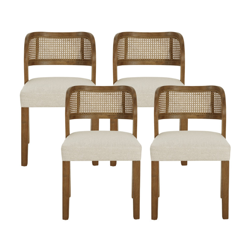 Chaises de salle à manger Barlby avec dossier en rotin tissé à la main et siège rembourré, 4, Coussin beige / finition noyer