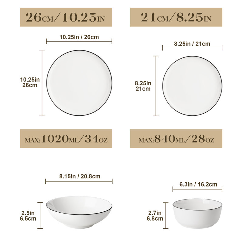 Piece Porcelain China Dinnerware Set - Service for 4, Black/White/Ivory