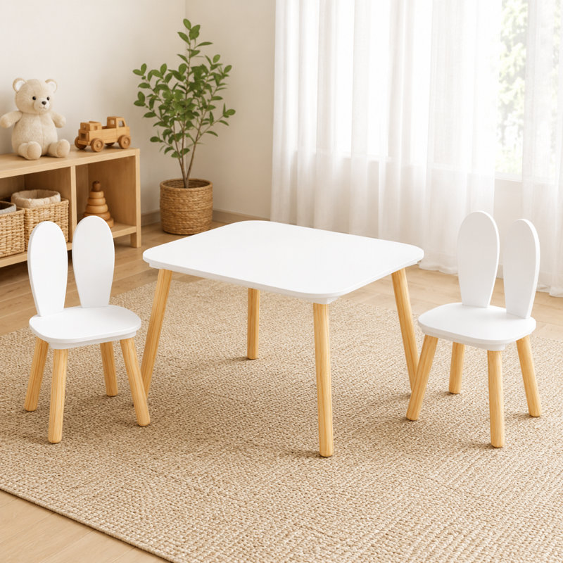 Ensemble 3 pièces de table pour enfants et 2 chaises sur le thème du lapin, table d'activité pour tout-petits avec pieds en bois massif