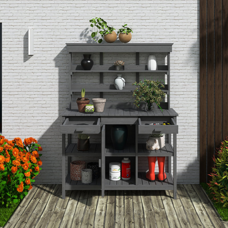 Table de jardin en bois 66 po pour l'extérieur, poste de travail de jardin avec 2 tiroirs, armoire et tablettes ouvertes, gris
