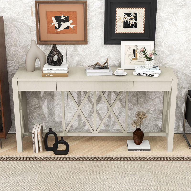 60-Inch Wood Console Table with Spacious Drawers, X-Leg Design, Beige