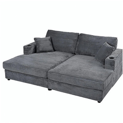 Canapé-lit 86,5 po surdimensionné avec causeuse 86,5 po avec deux ports USB, deux porte-gobelets et deux coussins décoratifs pour le salon et la chambre à coucher, gris foncé