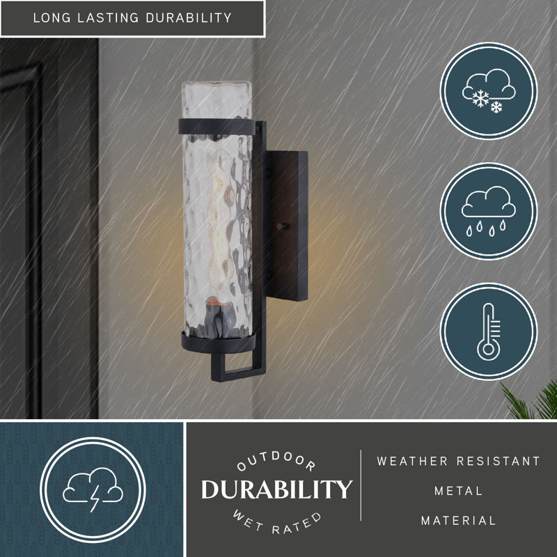 Herrington 15.5 in. H 1-Light Textured Black Transitional Outdoor Wall Sconce made of Durable Metal, Clear Water Glass Shade, LED Compatible, Use for Exterior Porch Patio Front Door or Garage