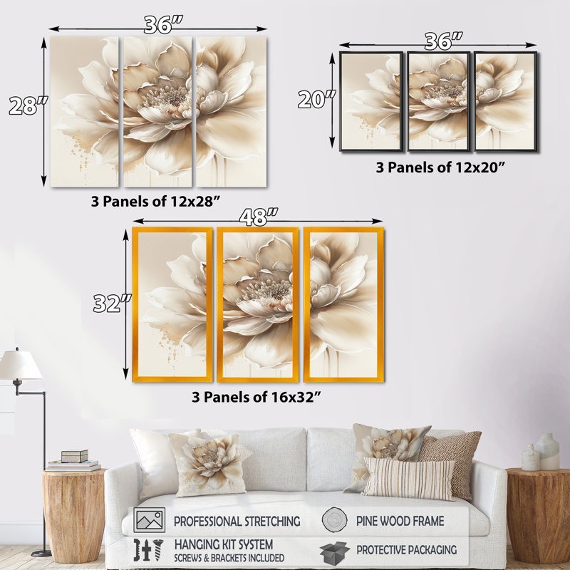 «Blooming Beige Floral Design III», 3 impressions sur toile tendue, H 32 po x l 48 po x P 1 po