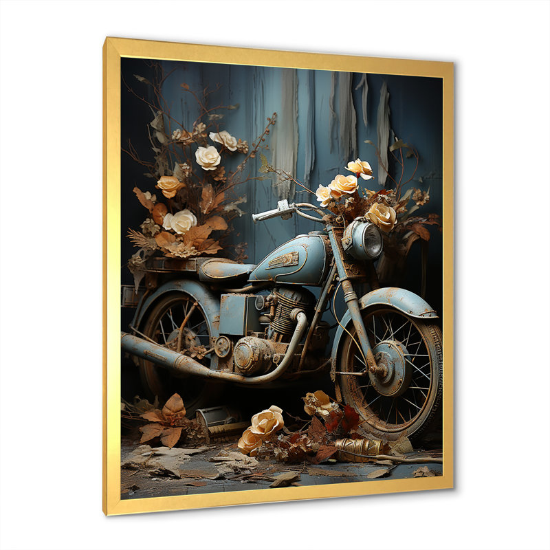 Motocyclette rustique avec fleur d'aventure I, H 40 po x l 30 po x P 1,5 po, Cadre doré simple