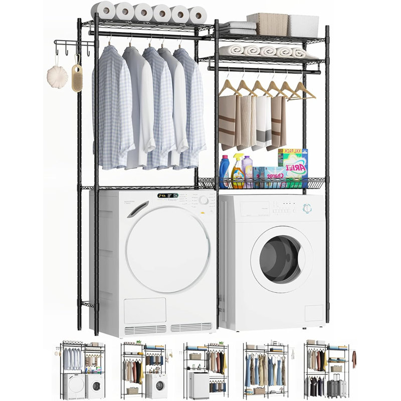 Black Adjustable Over Washer and Dryer Storage Shelf with Hooks